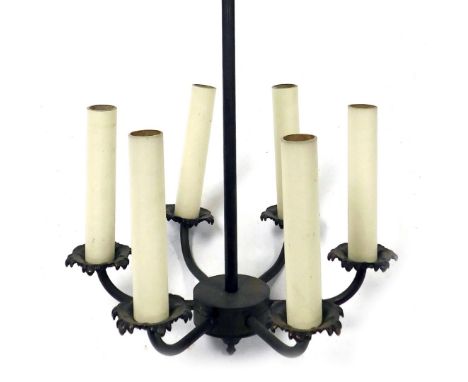 A six branch pendant hanging light fitting, with long slender stem and plain branches, and with candle sconce fittings, 87cm 