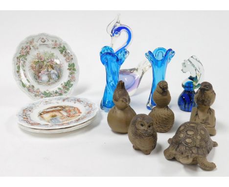 Five Poole pottery stoneware animals, comprising three birds, an owl and a tortoise, together with four Royal Doulton Four Se