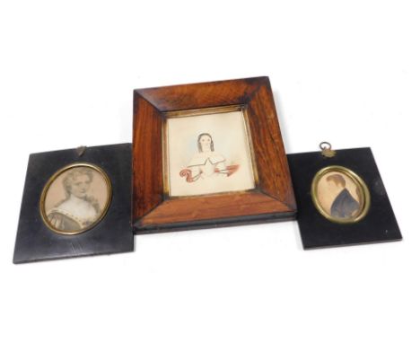 19thC English School. Half length portrait of a young lady, with ringlet hair and formal attire, 14cm x 11.5cm, an early 19th