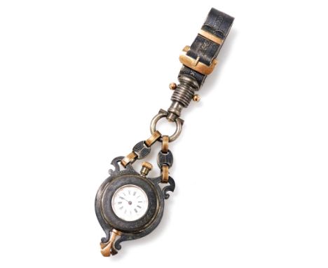 A late 19thC French niello chatelaine watch, open faced, keyless wind, circular enamel dial bearing Roman and Arabic numerals
