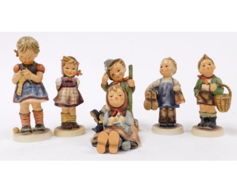 Six Goebel Hummel porcelain figures, comprising Mountaineer, Village Boy, Happy Pastime, Stitch In Time, and two further figu