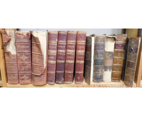 Various leather bindings, to include Punch, dates for 1886, 1891, 1890, etc., four volumes, half gilt calf and marbled boards