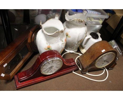 A VINTAGE TEAS MAID, TOGETHER WITH A PAIR OF FLORAL VASES AND THREE ASSORTED CLOCKS