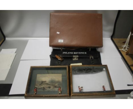 A VINTAGE "INLAND REVENUE" DOCUMENT CASE, A VINTAGE SUITCASE AND TWO FRAMED MILITARY TYPE PICTURES (A/F)