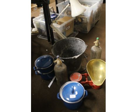 AN ANGLEPOISE LAMP, AN ENAMEL BUCKET, TWO SODA SYPHONS, A SET OF SCALES ETC.