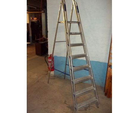 AN EIGHT RUNG TALL ALUMINIUM STEP LADDER