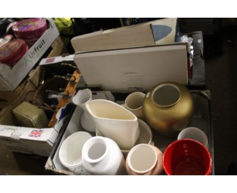 THREE TRAYS TO INCLUDE A PAIR OF BRASS CANDLESTICKS, A VINTAGE SANDWICH BOX, COLLECTORS PLATES, CERAMICS ETC (TRAYS NOT INCLU
