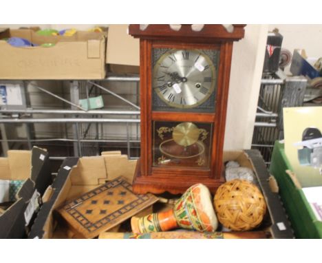 A BOX OF MAINLY TREEN ITEMS TO INCLUDE A JEWELLERY BOX, MANTEL CLOCK ETC.