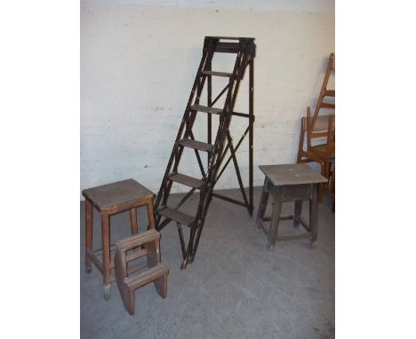 AN ANTIQUE STEP LADDER LABELLED "JONES'S PATENET" AND THE DATE 1919 TOGETHER WITH A STEP-A-STOOL AND A SMALL TABLE  (3)