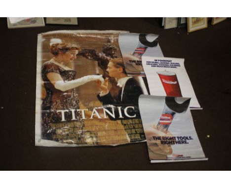 TITANIC INTEREST FILM POSTER DEPICTING LEONARDO DI CAPRIO AND KATE WINSLET, 1189 cm x 84 cm together with 4 power part tools 