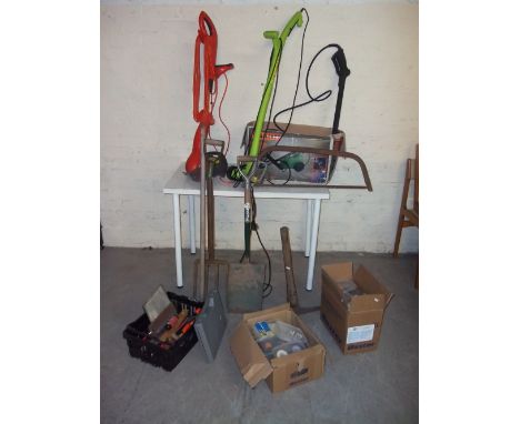 A QUANTITY OF GARDEN TOOLS TO INCLUDE A BOXED JETWASHER AND A FLYMO STRIMMER