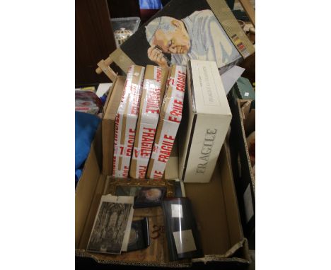 A TRAY TO INCLUDE A TAPESTRY OF THE POPE, A QUANTITY OF BOXED PICTURE PLATES AND A FRAMED IMAGE OF THE LAST SUPPER ETC.