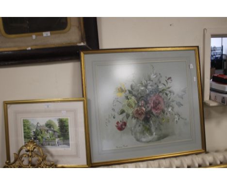 A FRAMED AND GLAZED WATERCOLOUR OF A VASE AND FLOWERS SIGNED BARBARA CROWE, TOGETHER WITH A LIMITED EDITION PRINT OF DOVE COT