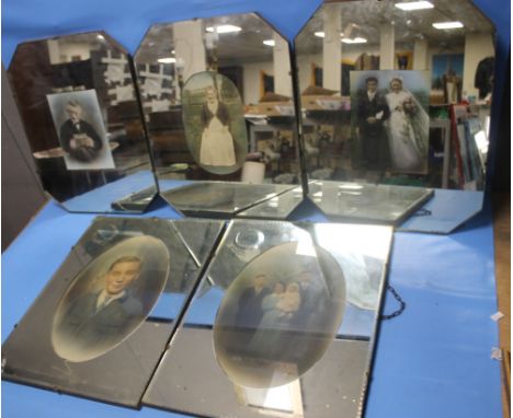 FIVE W.SS. LAURIE WOLVERHAMPTON VINTAGE FAMILY PORTRAIT PICTURE MIRRORS, three octagonal 48 cm x 38 cm, two rectangular 50 cm