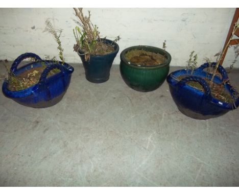 FOUR CERAMIC PLANTERS TO INCLUDE TWO THAT ARE BASKET THEMED  (4)