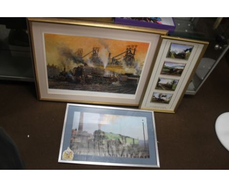 A TERENCE CUNEO PRINT ENTITLED 'LAST OF THE STEAM WORKHORSES' TOGETHER WITH TWO OTHER TRAIN INTEREST PICTURES