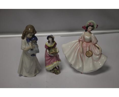 A ROYAL DOULTON FIGURINE 'SUNDAY BEST' TOGETHER WITH 'A COALPORT FIGURINE' AND A 'NAO FIGURINE (3)The Nao figure has been bro