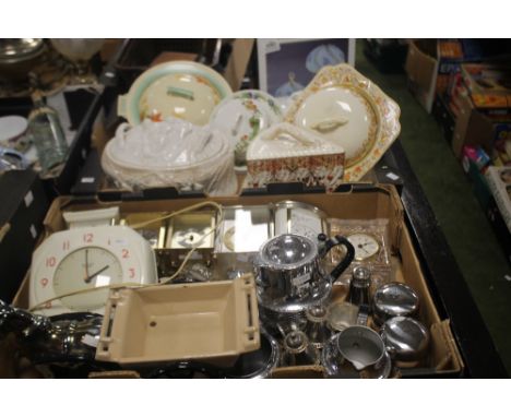 A TRAY OF METALWARE, CARRIAGE CLOCK, TOGETHER WITH A TRAY OF CERAMICS TO INCLUDE A CHEESE DISH