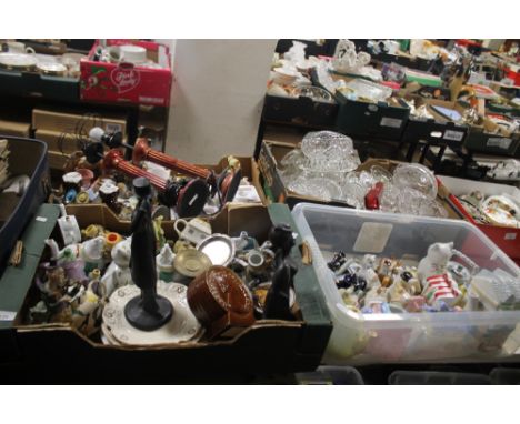 FOUR TRAYS OF CERAMIC ORNAMENTS,  NOVELTY TEAPOTS AND GLASSWARE  ETC (TRAYS NOT INCLUDED)