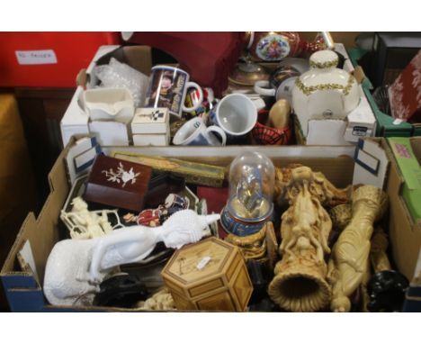 TWO TRAYS OF CERAMICS AND RESIN FIGURES TO INCLUDE BOXED PLATES, CARLTONWARE ECT.  (TRAYS NOT INCLUDED)
