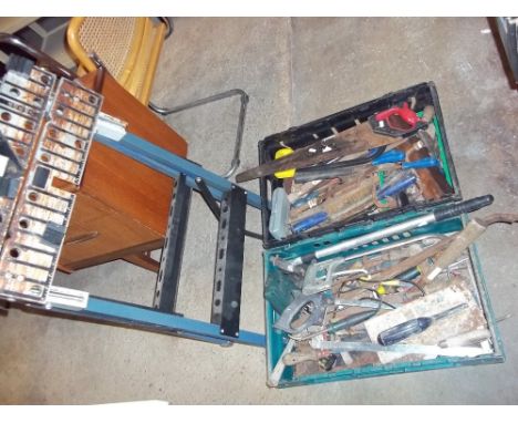 A LARGE SELECTION OF OLD TOOLS TO INCLUDE A WORKMATE