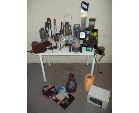 A SELECTION OF TOOLS AND CONSUMABLE ITEMS TOGETHER WITH A CAST COMBINATION SAFE