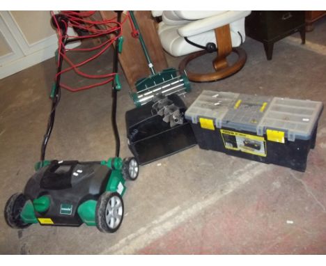 A HAND LAWN AERATOR AND AN ELECTRIC LAWN AERATOR, A STANLEY TOOL BOX AND CONTENTS