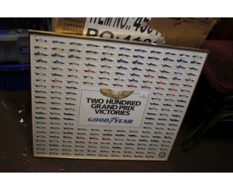 A FRAMED LIMITED EDITION PRINT OF 200 GRAND PRIX VICTORIES SIGNED GRAHAM TURNER NUMBER 26 OF 750