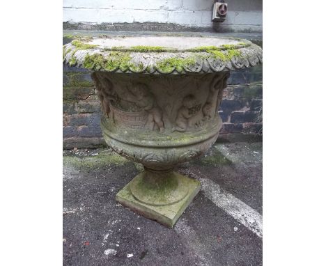 AN EXTRA LARGE RECONSTITUTED STONE PLANTER URN AND PLINTH,&nbsp;H 80 cm, Diam 80 cm