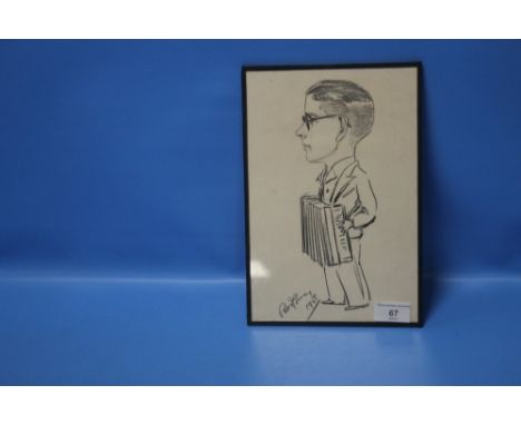 PAT ROONEY CHARCOAL CARICATURE SKETCH, signed 1938, under glass 28 x 19 cm