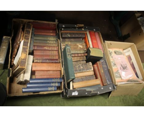 TWO BOXES OF VINTAGE BOOKS AND A BOX OF MISCELLANEOUS ENGRAVINGS, SCRAPS ETC,