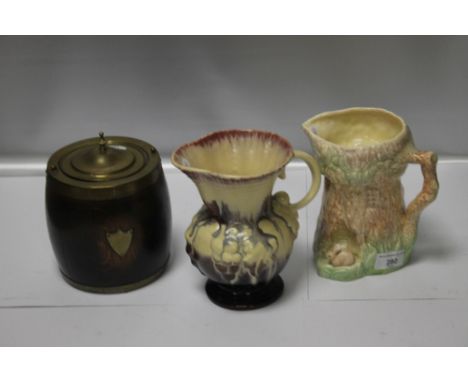 A WOODEN LIDDED BARREL, TOGETHER WITH TWO CERAMIC VASES TO INCLUDE SYLVAC