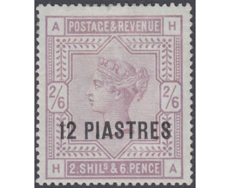 STAMPS BRITISH LEVANT : 1885 12pi on 2/6 Lilac Blued Paper, mounted mint with very light gum bend. SG 3