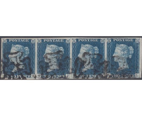 GREAT BRITAIN STAMPS : 1840 2d Blue plate 1, fine used horizontal strip of 4 cancelled by black MX's, clear margins all round