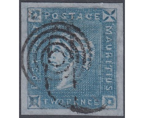 STAMPS MAURITIUS : 1859 2d blue imperf (early impression, #9 on plate), SG 37, superb fine used and with four large margins. 