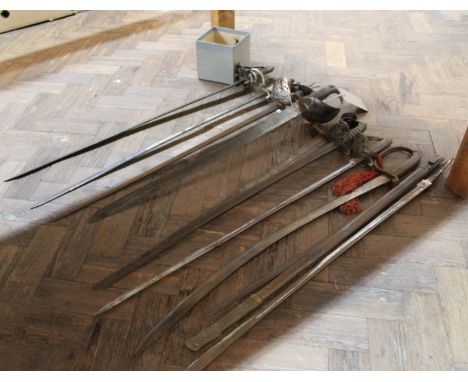 Nine various swords (most as found) with a scabbard and a cutlass bayonet