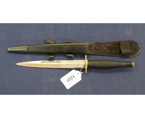 A MkIII F&amp;S fighting knife, etched by Appointment Q.E.II, Wilkinson sword etc in leather sheath