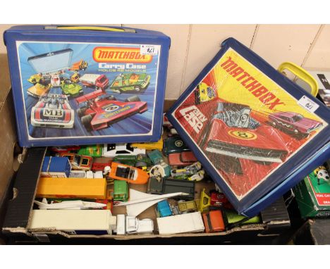 A large collection of die cast toys including Dinky plus two cased Matchbox cars