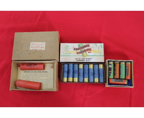 A box of eight 16 bore cartridges with five cut-away 12 bores and two Boltem smoke cartridges in original box, this item can 