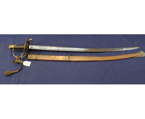 A brass hilted sword with 3" curved blade which is etched with C.S.A., horses, dogs and early flag, together with foliage, hi