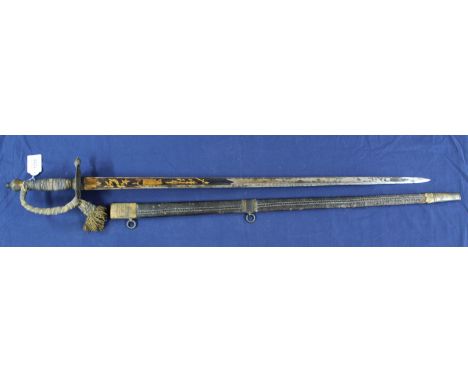 A British model 1796 Infantry Officers sword complete with correct scabbard and knot (knot wound around knuckbow), blade has 
