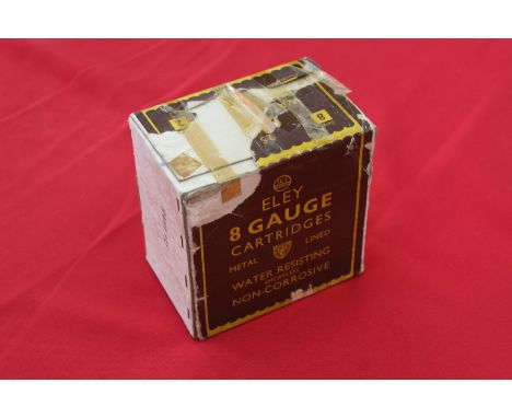 A box of twenty five Eley eight gauge metal lined smokeless non-corrosive cartridges for 3 1/4" chambers, this item can only 