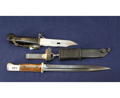 A Mauser style bayonet (plated hilt metal work) no scabbard, with an A.K.M. knife bayonet and scabbard