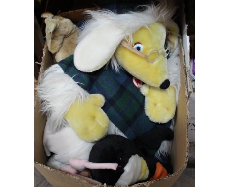 A box of mixed soft toys including a Womble, Creature Comforts Series etc