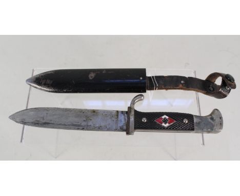 A Third Reich era Hitler youth knife marked RZM M/7/36 with scabbard and adjoined leather frog, a good honest item