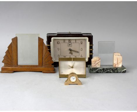 An art deco Bakelite cased mantle clock by 'Jaz' of France  together with other clocks and picture frames. 