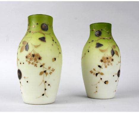 A pair of opaque baluster glass vases in the Aesthetic style, enamel overlaid with Persimmon decoration 20cm(H)