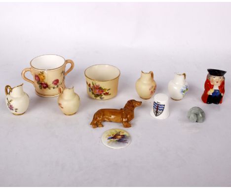 Hand painted Royal Worcester miniature blush glazed jugs with a Royal Worcester miniature Toby jug and seven other items