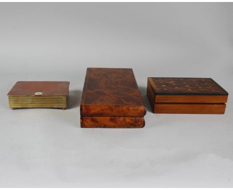 A Burr walnut folding 'Backgammon' box together with an inlaid walnut cigarette  box and a copper cigarette box