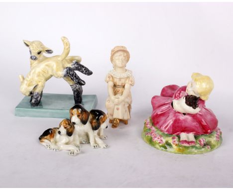 Four Royal Worcester porcelain figures Maytime of two lambs playing by Doris Lindner no.3125, green factory marks, 10.5cms hi